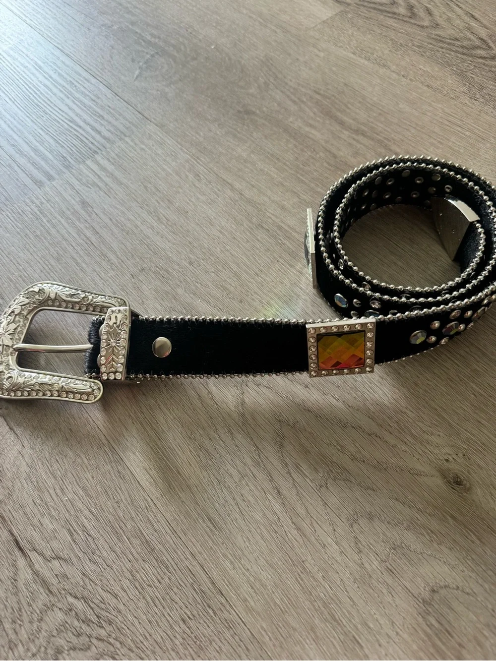 Studded Black Western-Style Women's Belt with Gem Accent